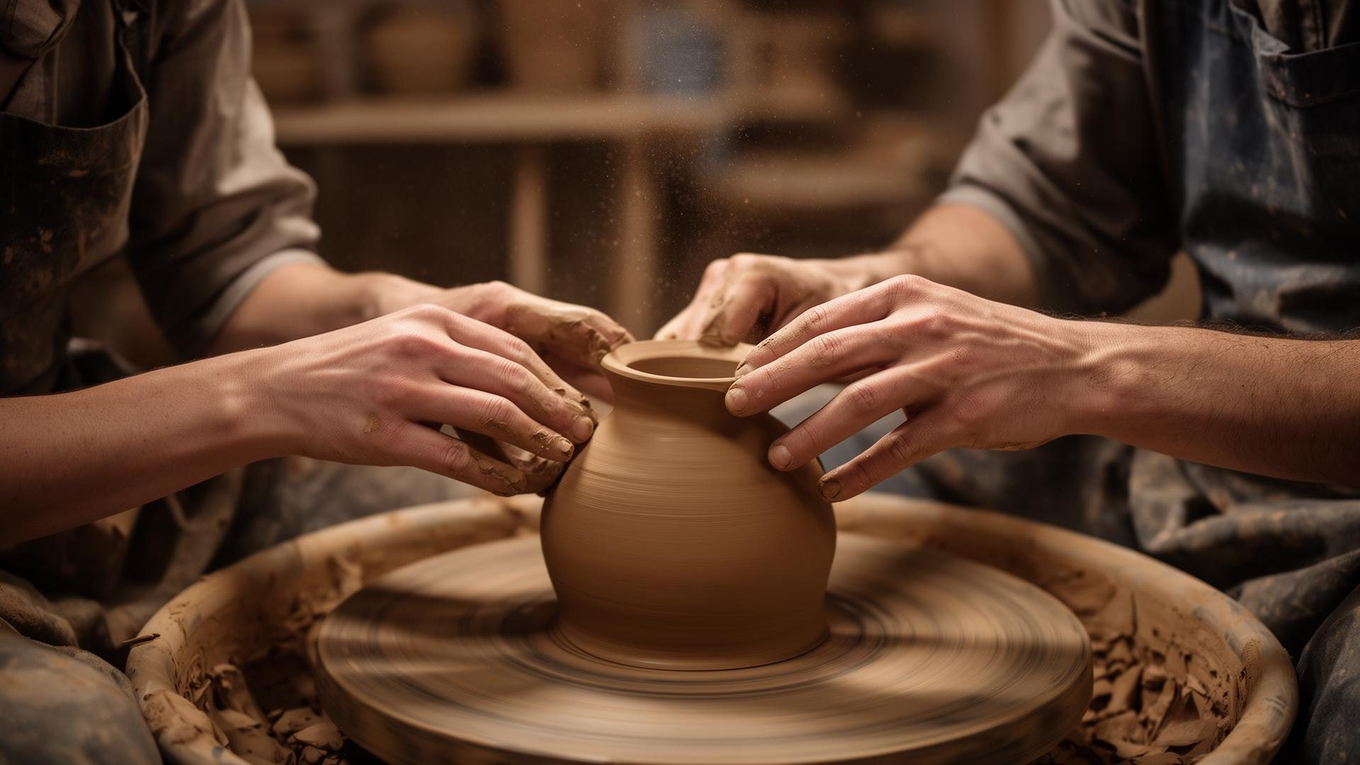Hands shaping clay on a potter's wheel