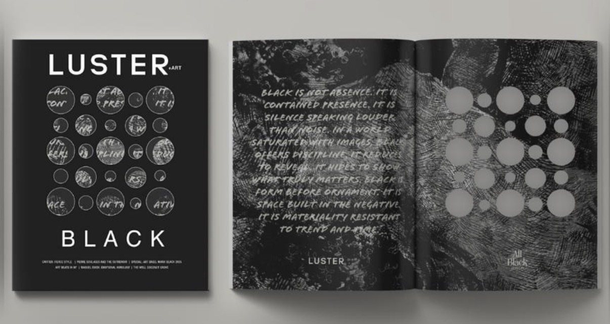 Luster Black, open on a double-page spread beside its cover