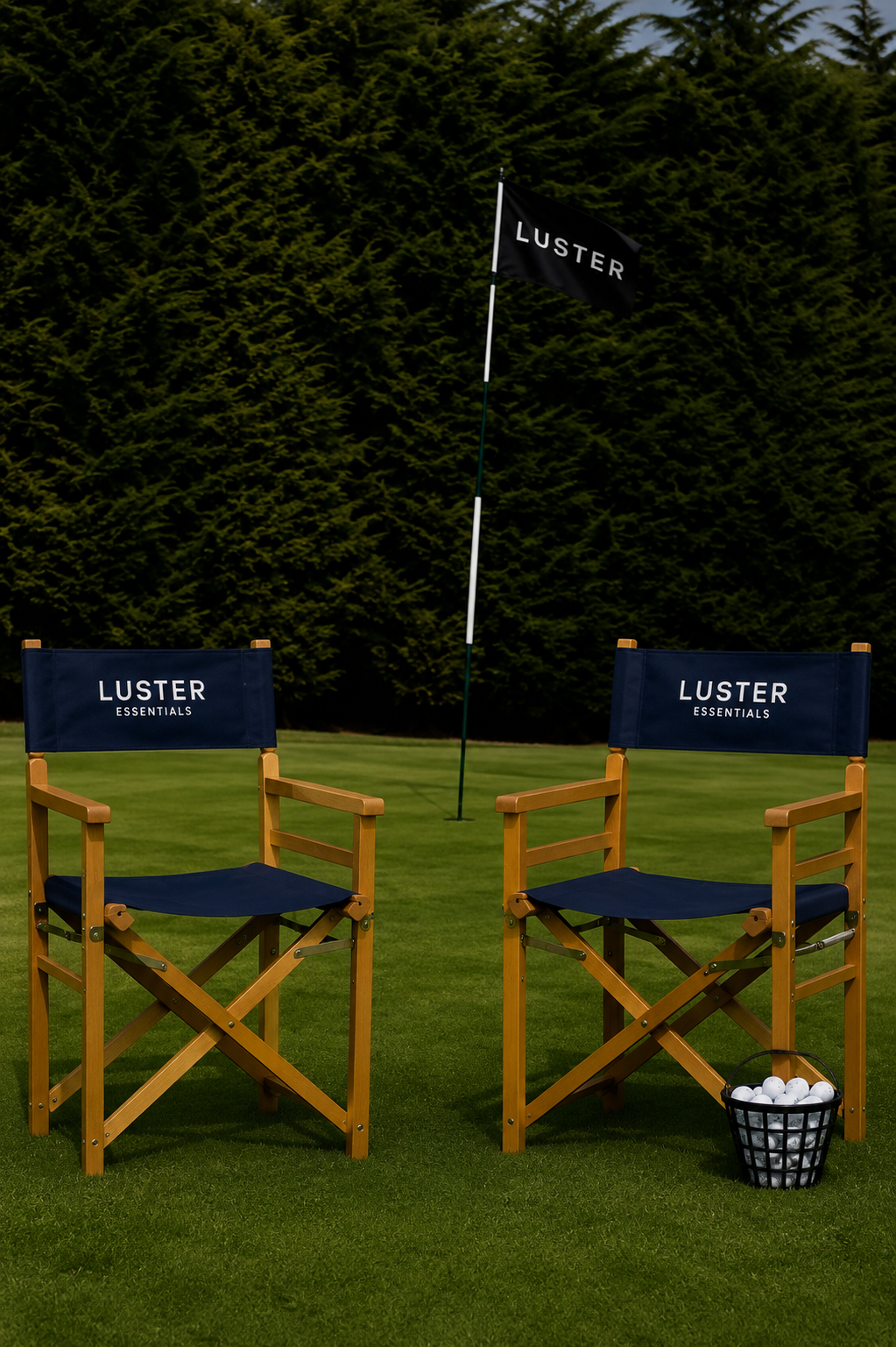 Two navy director's chairs on the green beside a Luster flag