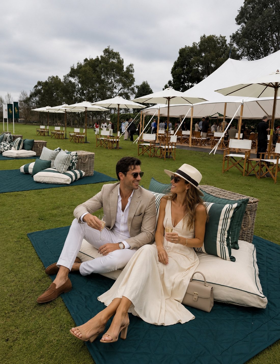 Two guests relaxing on the lawn beneath white parasols
