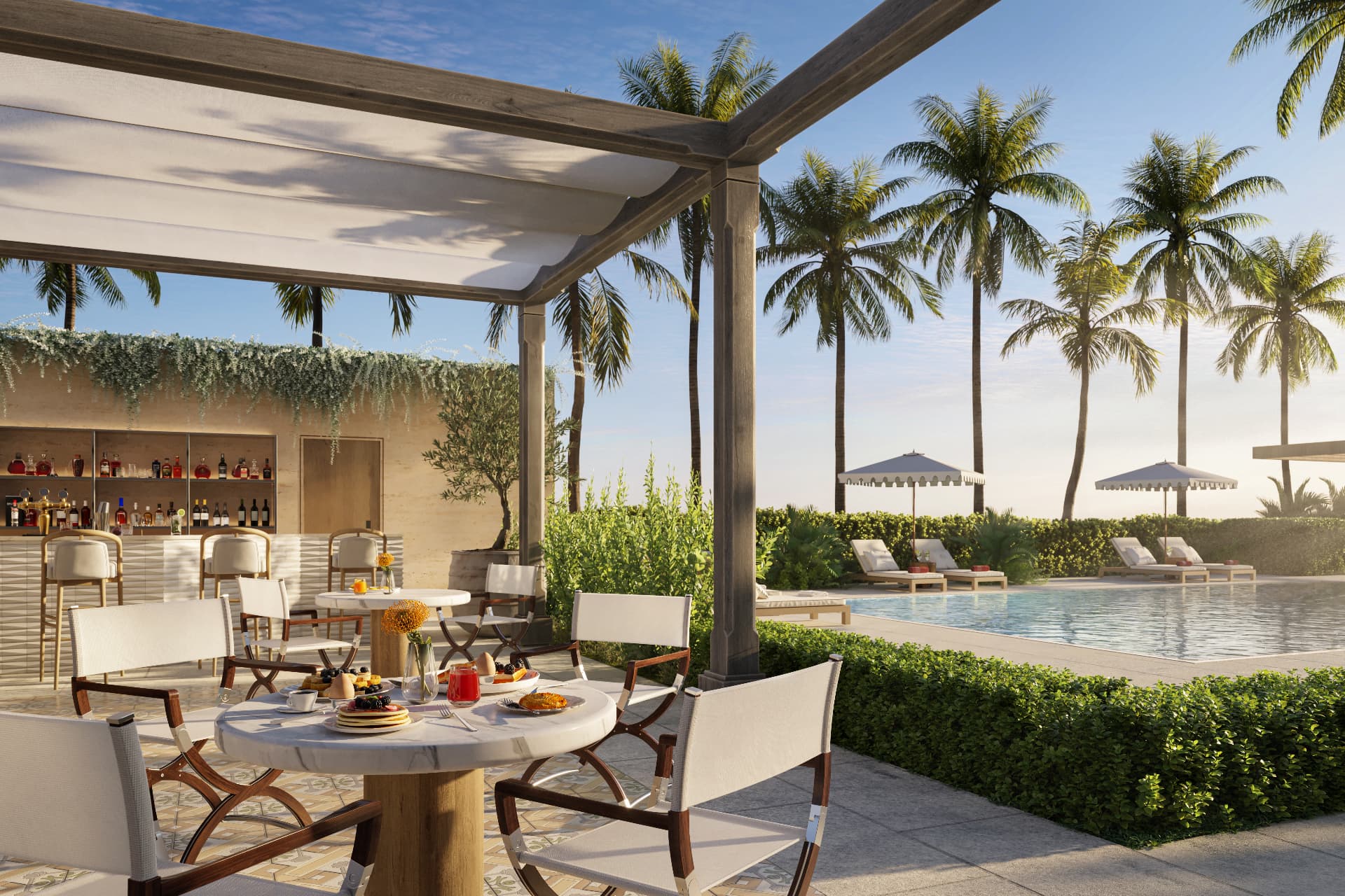 Shaded terrace beside a pool