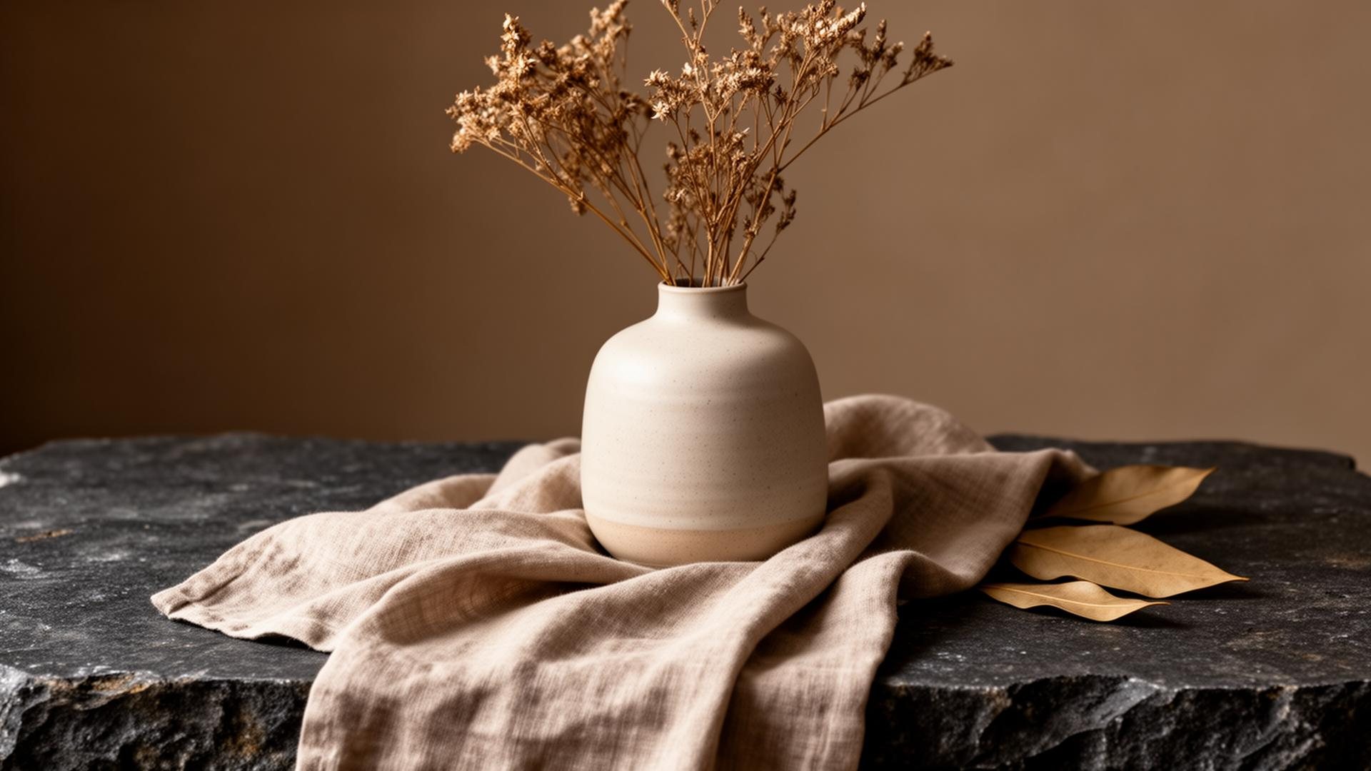 Ceramic vase with dried flowers on linen